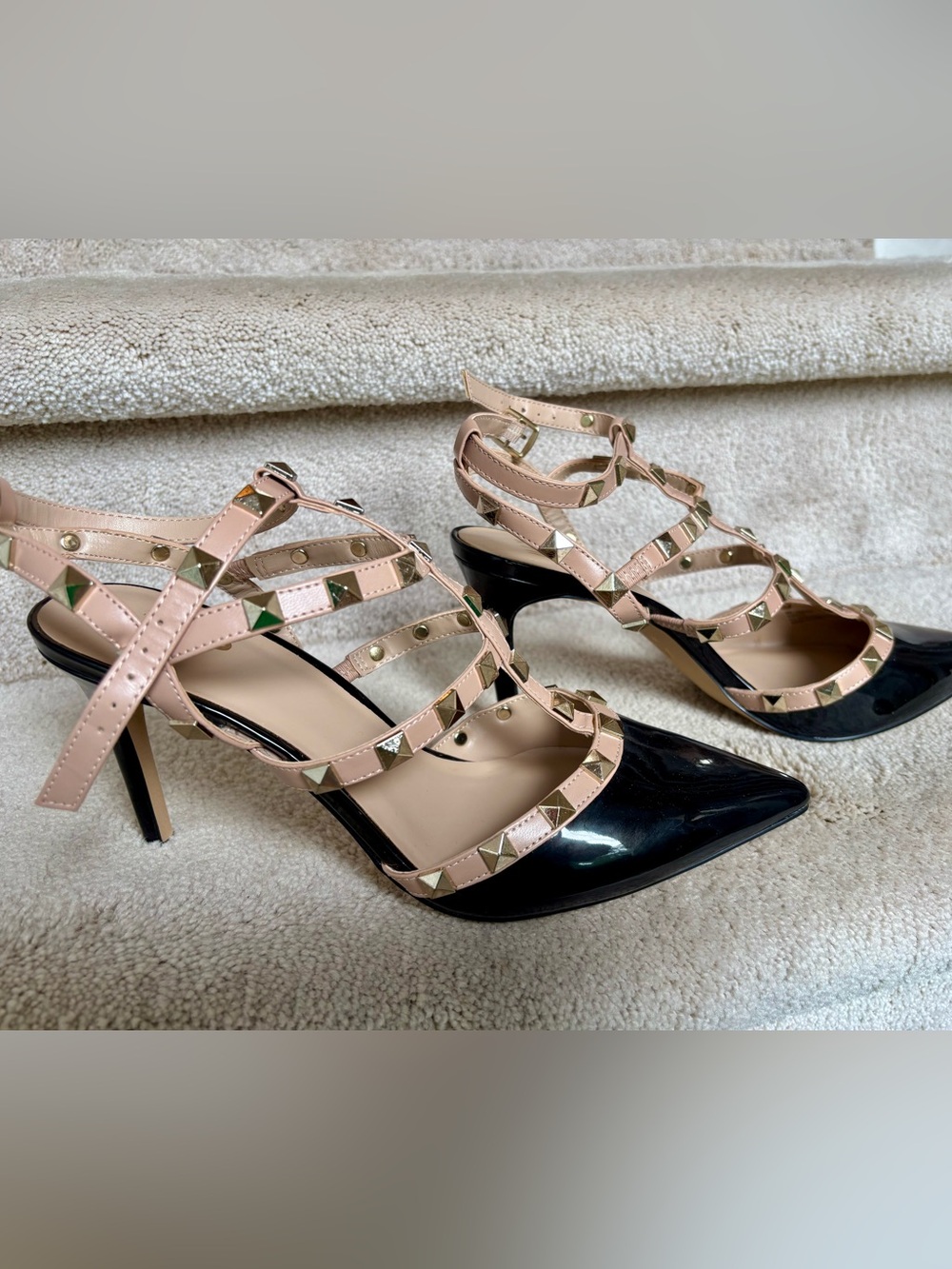 Mix No. 6 Black Patent Pointed-Toe Heels with Blush Studded Straps